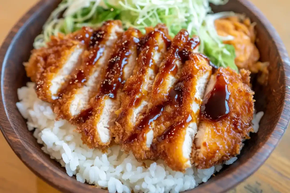 Crispy Chicken Katsu slices served over rice with tonkatsu sauce