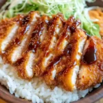 Crispy Chicken Katsu slices served over rice with tonkatsu sauce