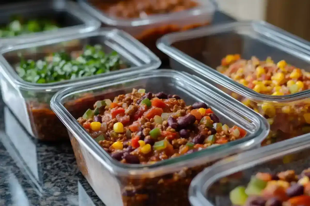 Chili in glass containers prepped for storage