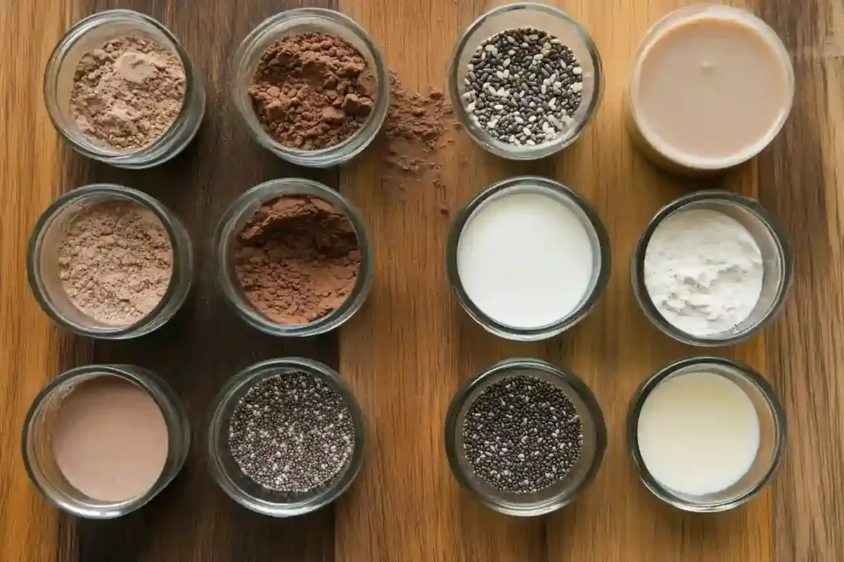 Measured ingredients for chocolate protein overnight oats on kitchen counter