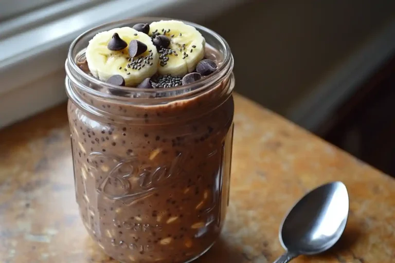 Jar of chocolate protein overnight oats topped with banana and chocolate chips
