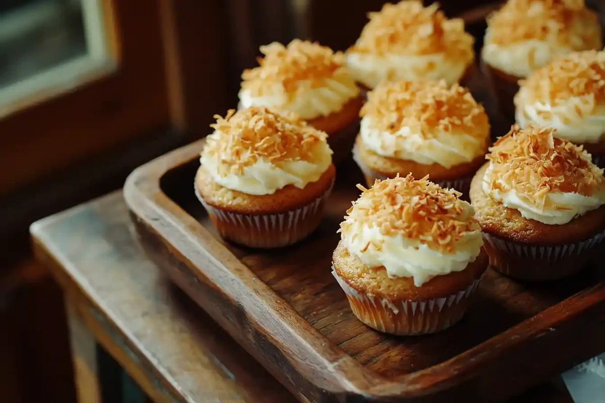 Coconut Cream Pie Cupcakes with toasted coconut and creamy frosting