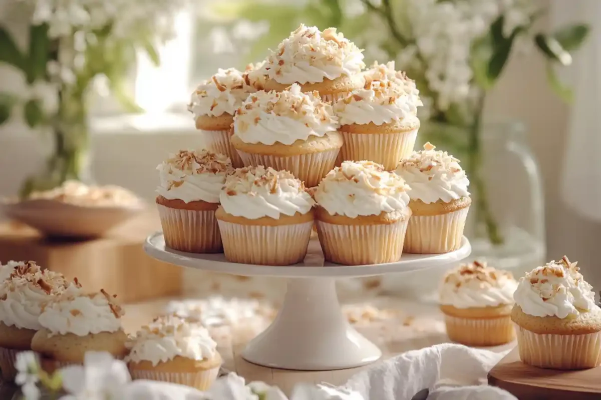Coconut Cream Pie Cupcakes displayed on a tiered dessert stand