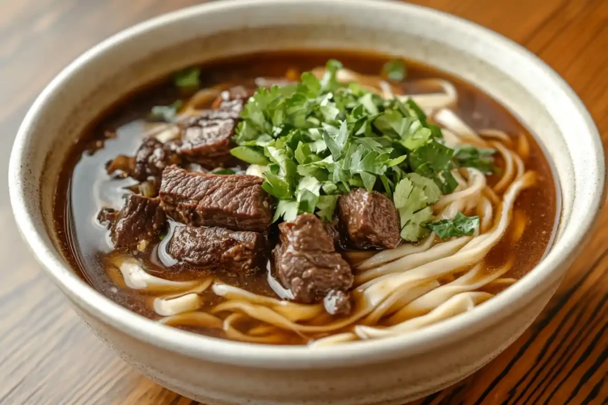 Bowl of beef and noodles with beef broth and parsley