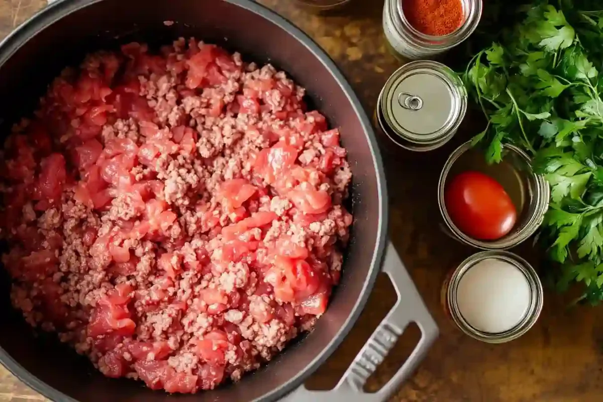 Ground beef browning in a pot with chili ingredients nearby