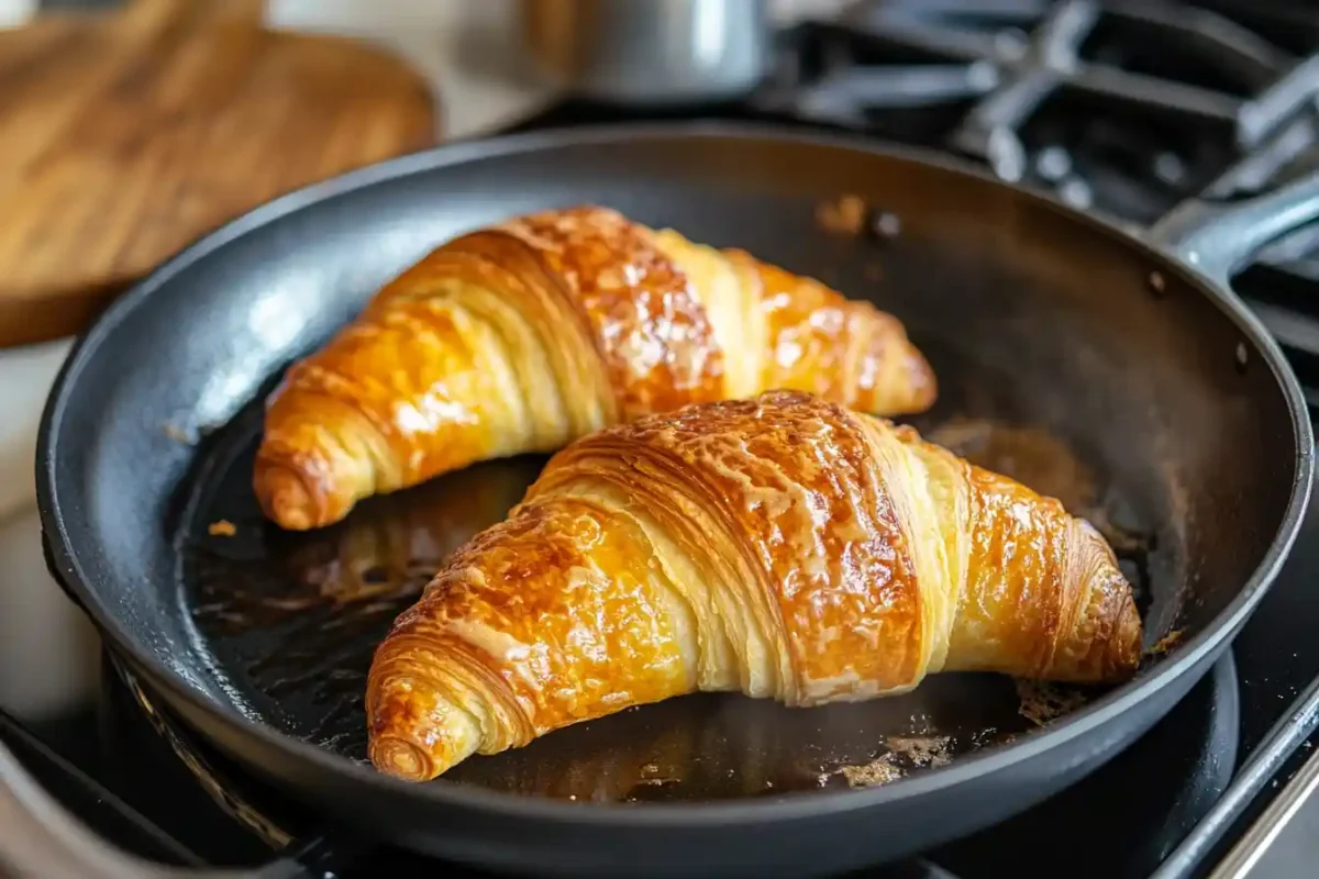 Nutella croissant French toast being cooked in a skillet