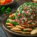 Cheese ball on a plate surrounded by crackers and vegetables
