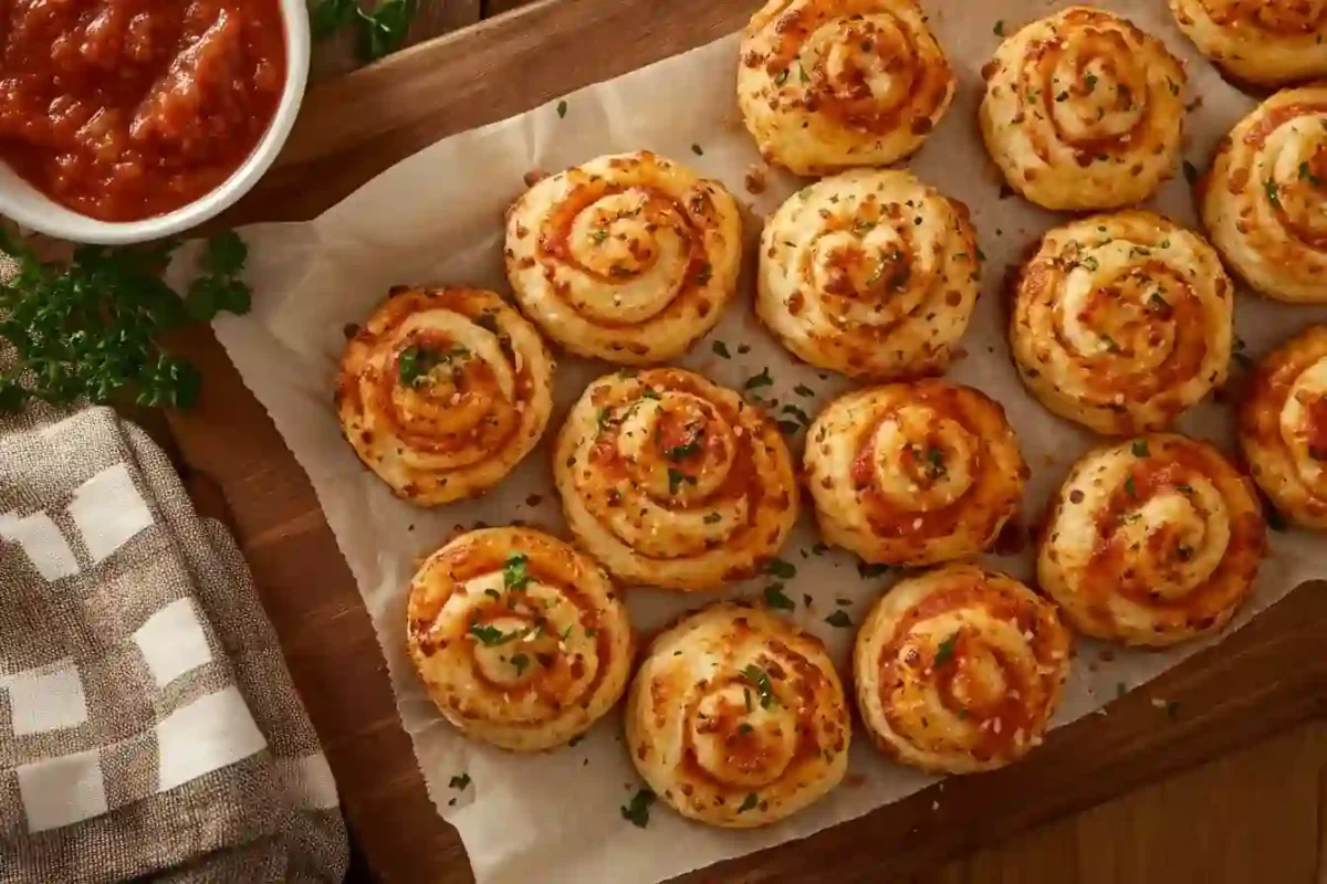 Golden Doritos Pizza Rolls served with dipping sauce