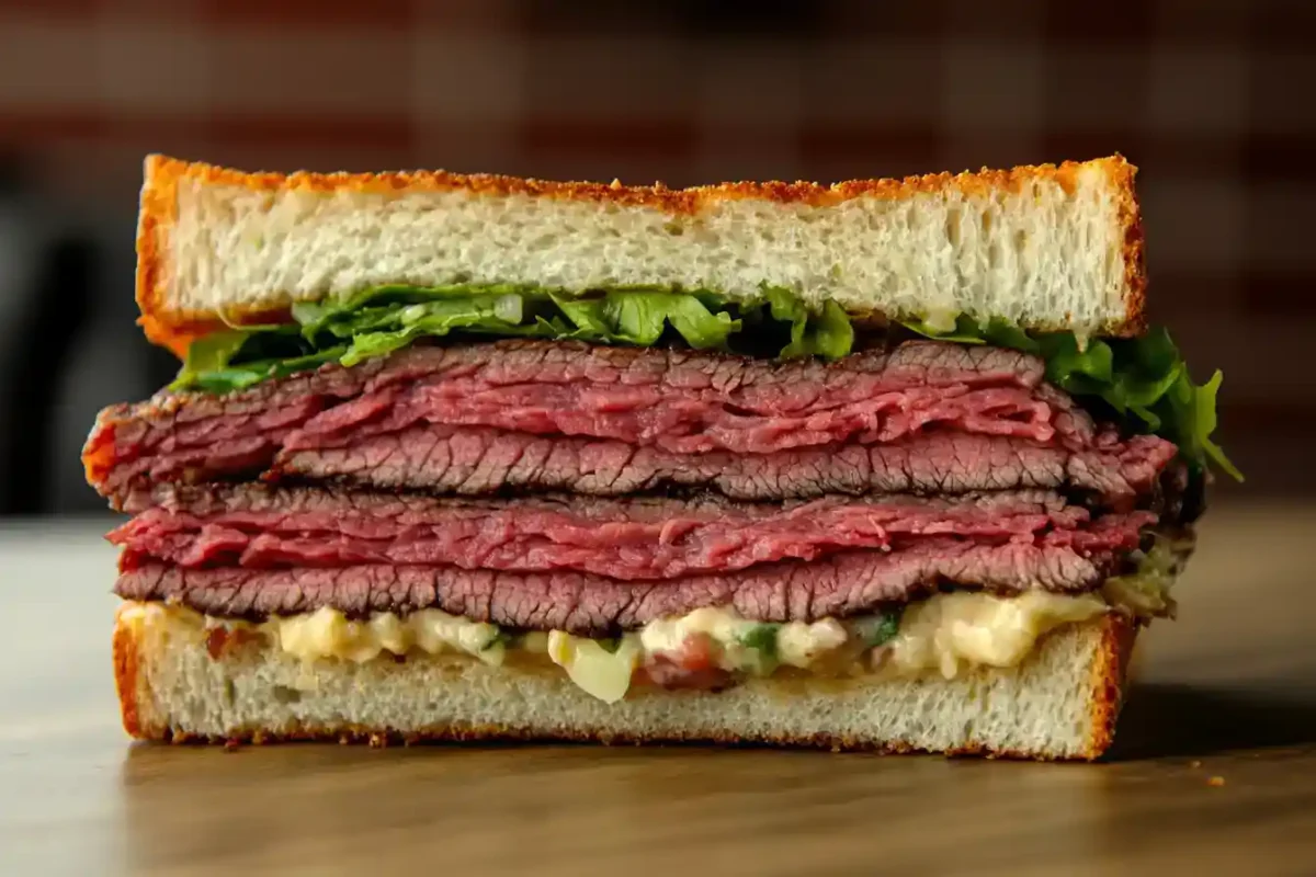 Cross-section of beef sandwich with steak and toppings
