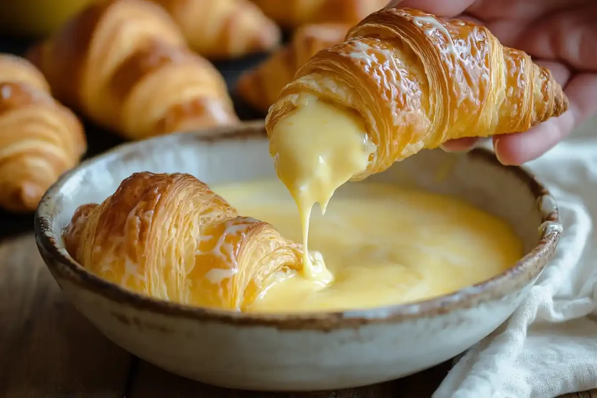 A croissant being soaked in an orange egg custard mixture