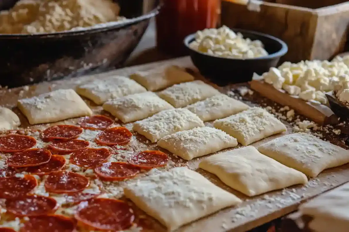 Pizza dough and fillings being prepared with crushed Doritos coating