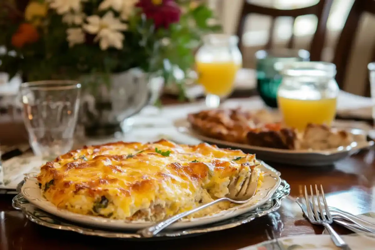 Served portions of hashbrown breakfast casserole on a table