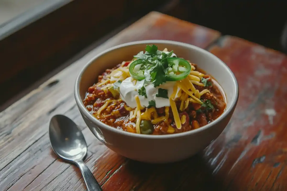 A bowl of fire roasted chili with toppings on a wooden table