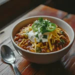 A bowl of fire roasted chili with toppings on a wooden table