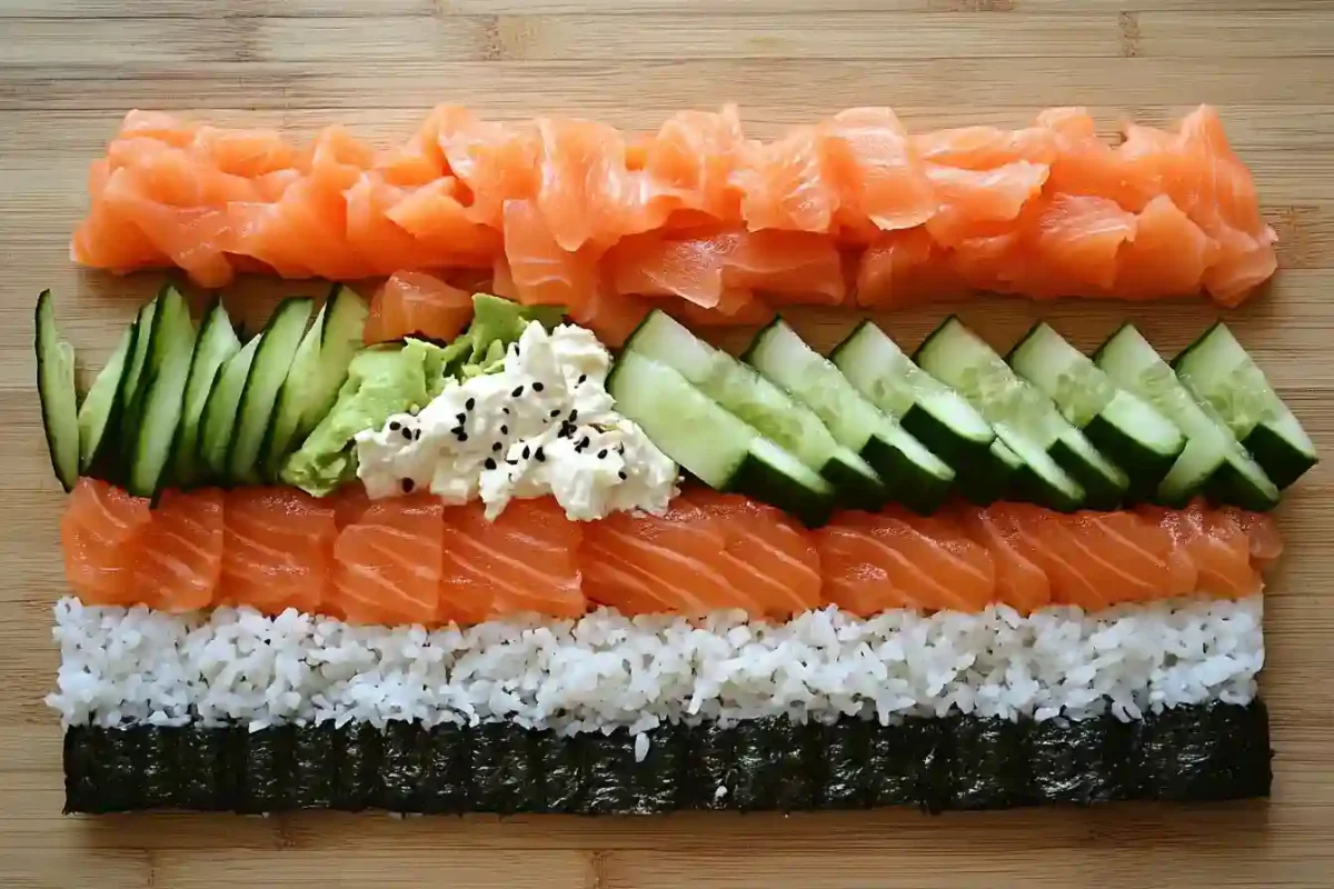 Fresh ingredients for Alaskan Roll on a kitchen counter