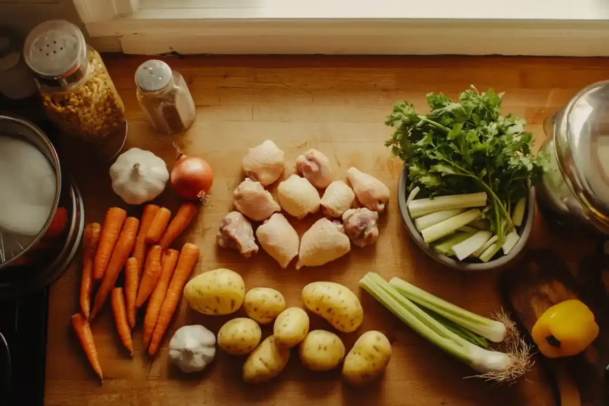 Fresh carrots, potatoes, onion, and chicken ready for stew prep