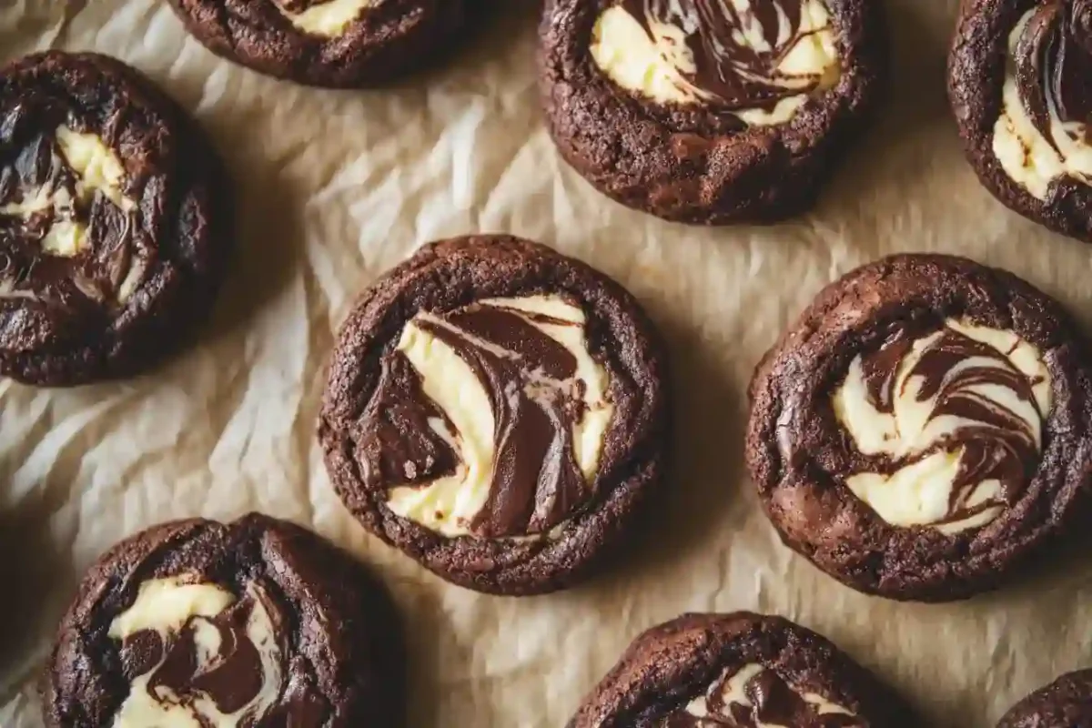 Brownie cookies with cheesecake swirl on parchment paper