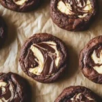 Brownie cookies with cheesecake swirl on parchment paper
