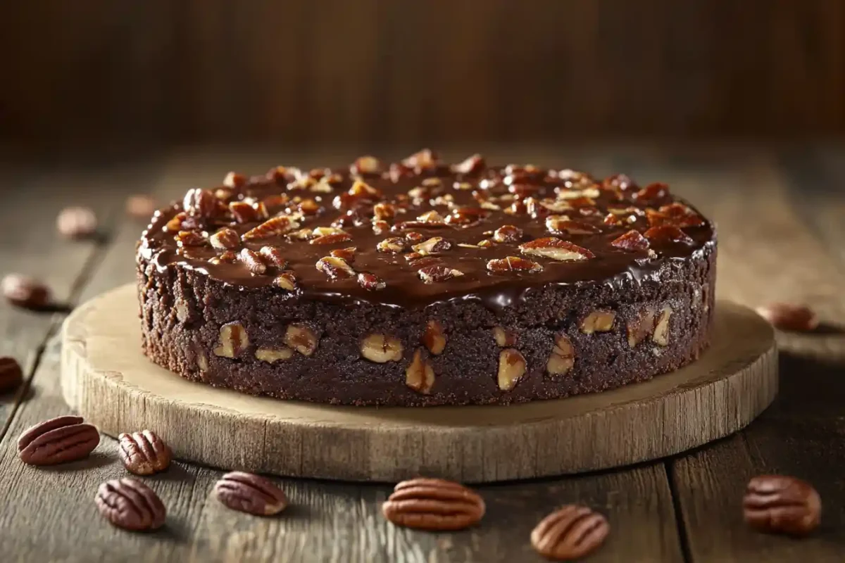 Whole chocolate brownie pecan pie on wooden table
