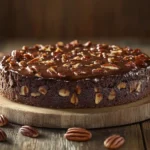 Whole chocolate brownie pecan pie on wooden table