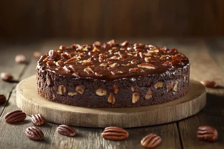 Whole chocolate brownie pecan pie on wooden table