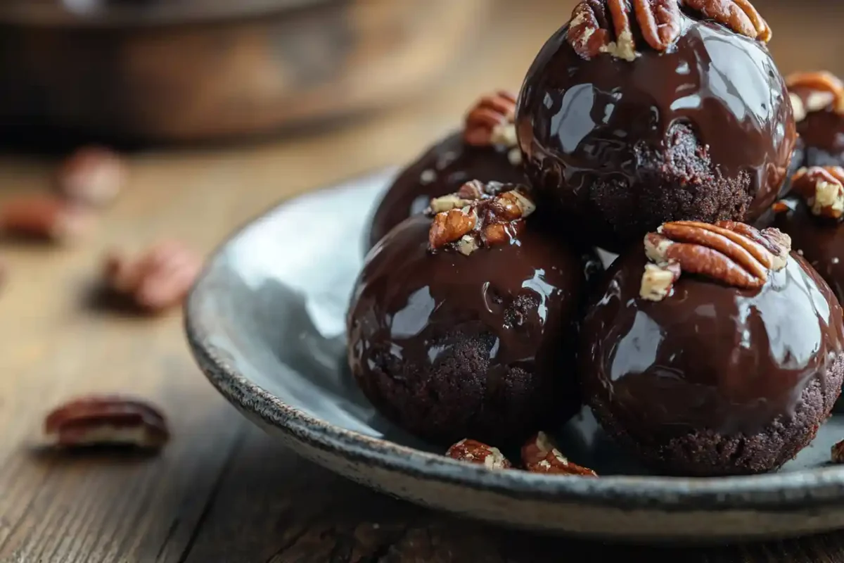 Stack of pecan pie brownie bombs on ceramic plate