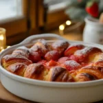 Golden strawberry croissant french toast baked in a white dish