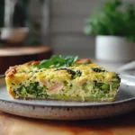 Broccoli salmon quiche recipe served on rustic plate