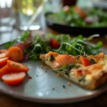 Crustless smoked salmon quiche recipe on a rustic plate