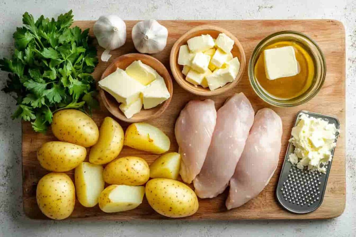 Raw ingredients for buffalo garlic parmesan chicken and potatoes on a kitchen counter