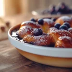 Baked blueberry croissant french toast with golden top and berries