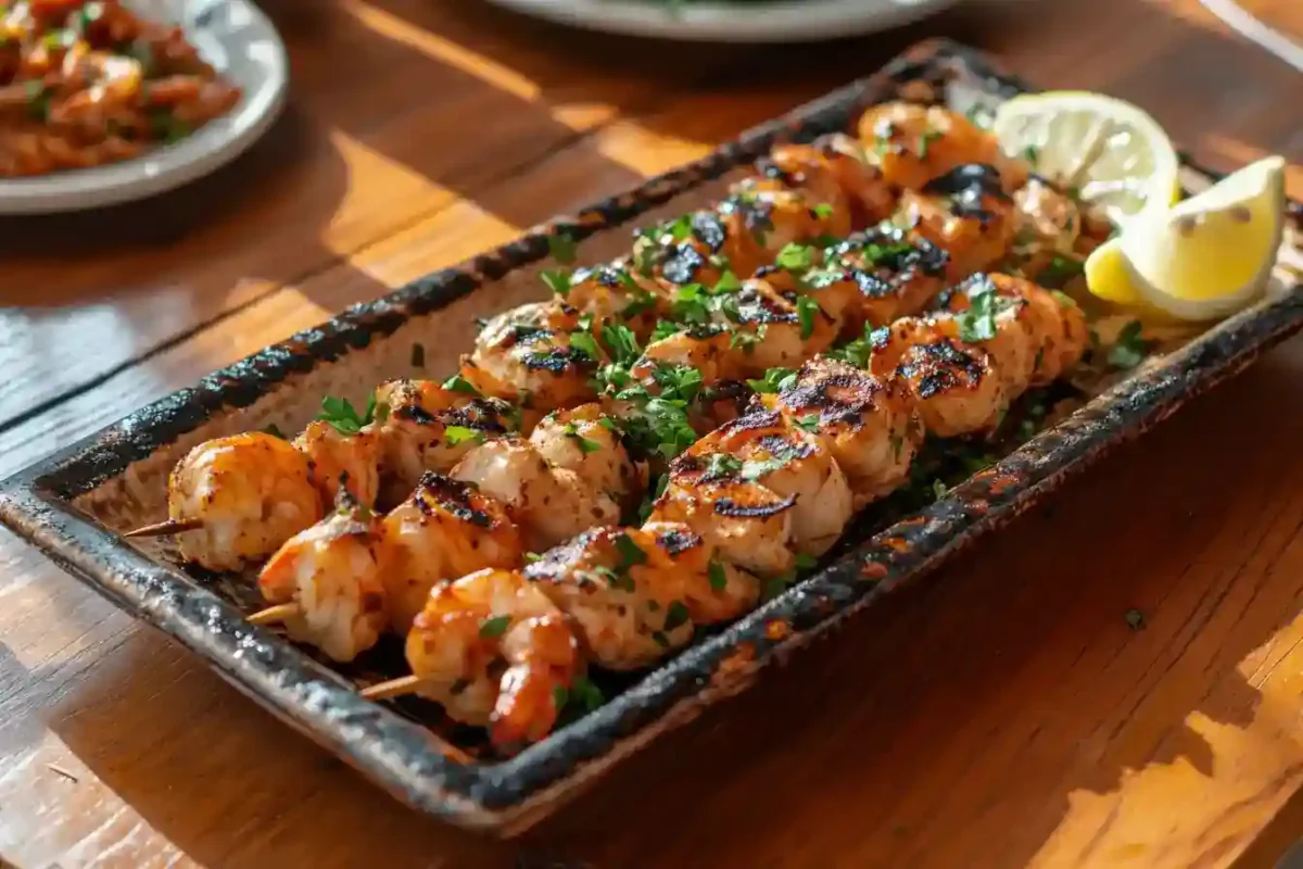 Grilled chicken and shrimp skewers with lemon and herbs