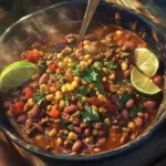 Bowl of ground beef slow cooker recipes topped with cilantro and lime wedges