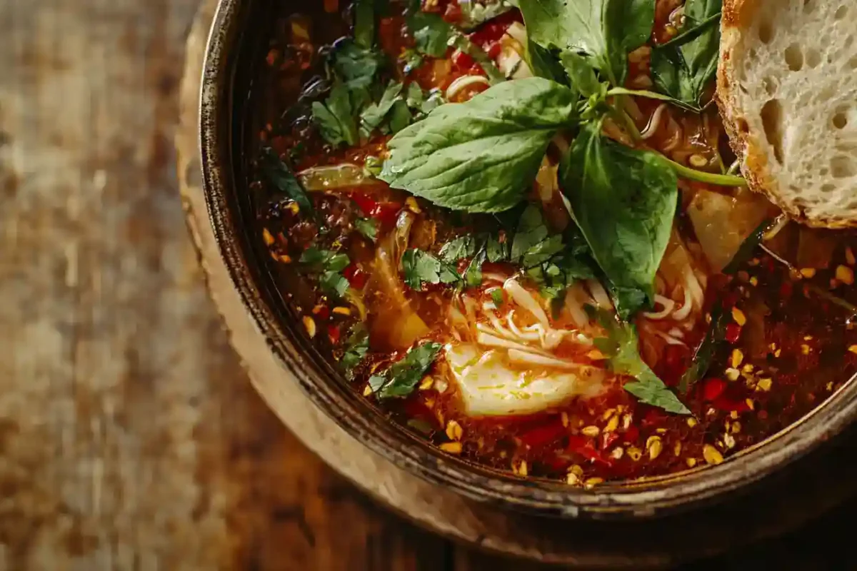 Bowl of Hearty Stew garnished with herbs, served with bread