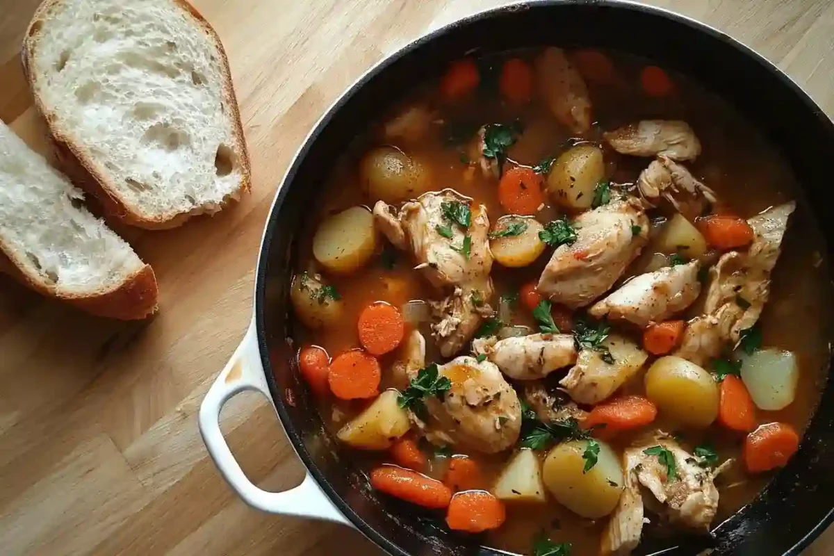 Hearty Stew brimming with chicken, carrots, and potatoes in a Dutch oven
