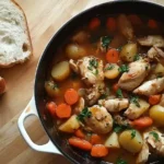 Hearty Stew brimming with chicken, carrots, and potatoes in a Dutch oven