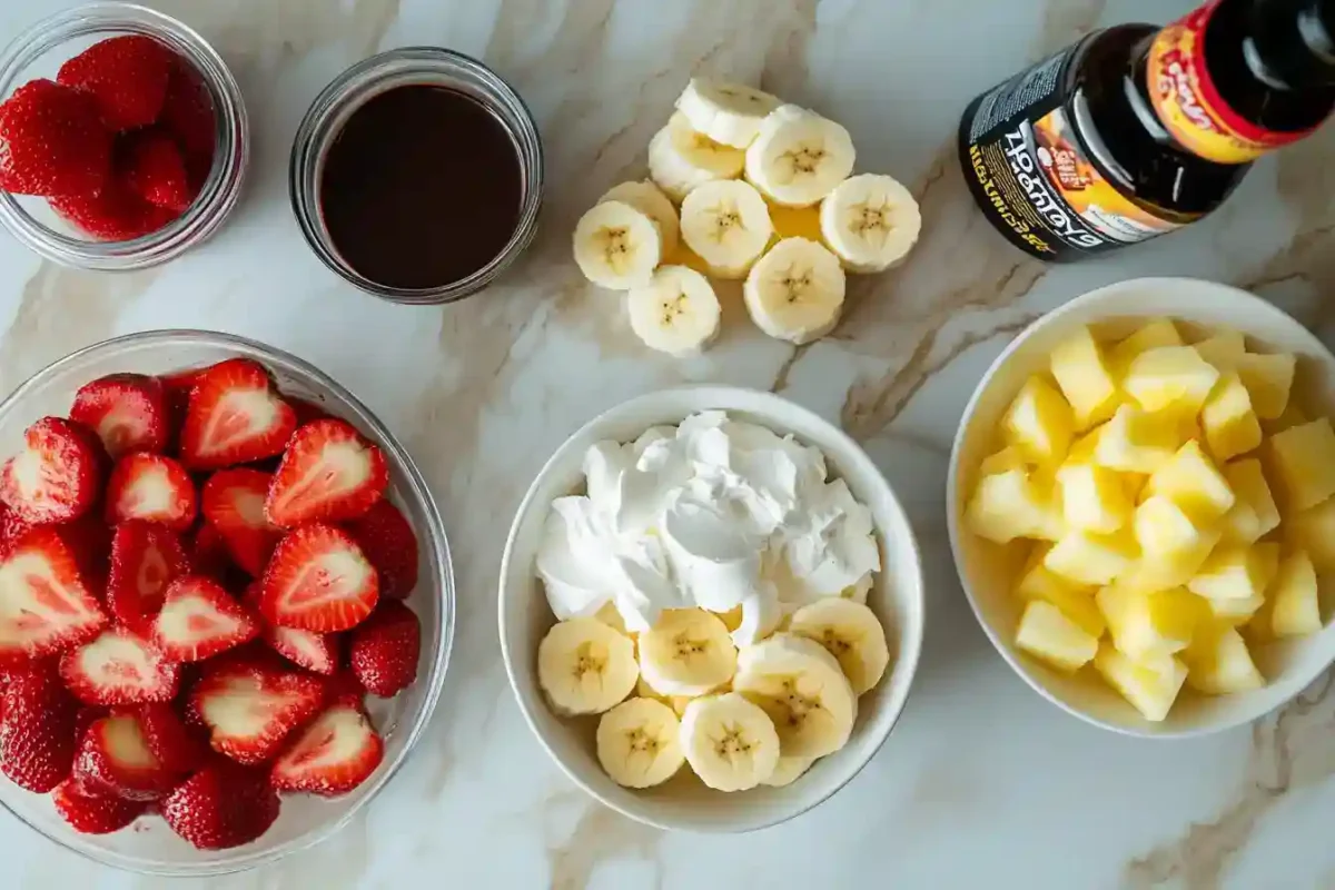 Brownie pizza ingredients including strawberries, bananas, and whipped topping