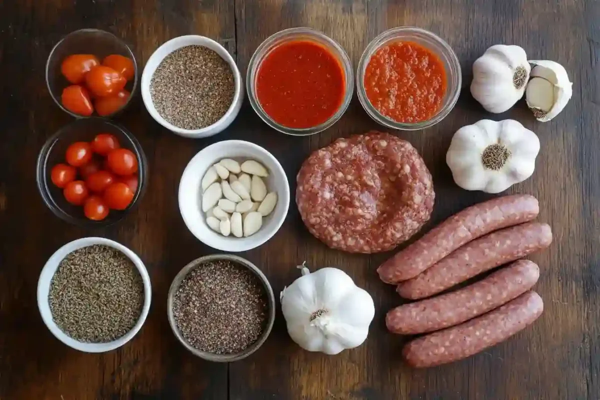 Ingredients displayed for beef and sausage spaghetti sauce