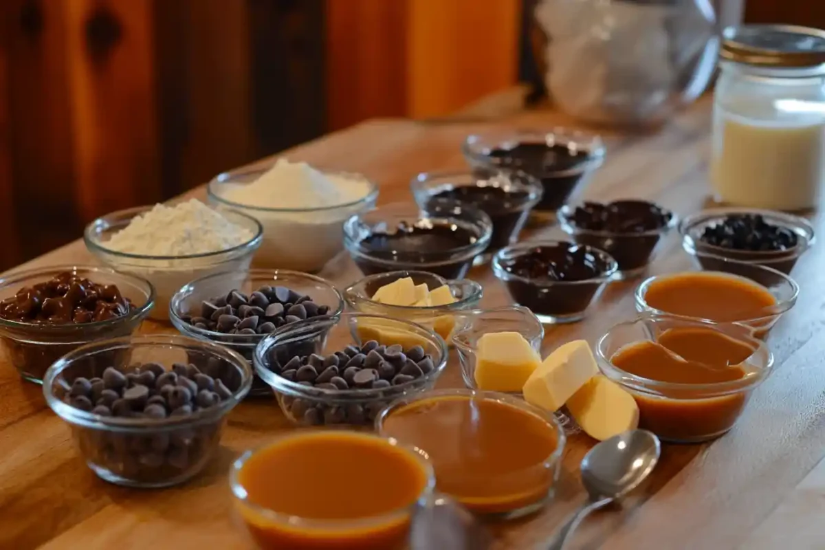 Bowls of flour, sugar, butter, cream cheese, eggs, chocolate chips, and caramel on a kitchen counter