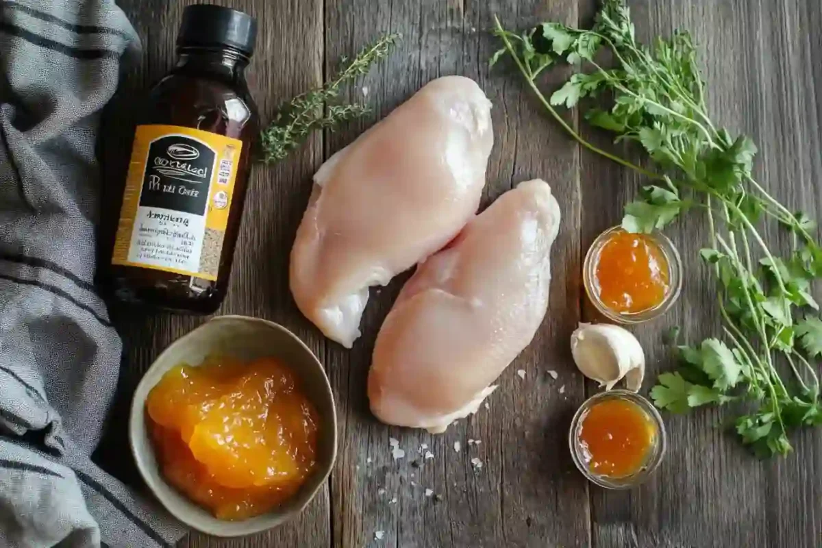 Chicken, French dressing, onion soup mix, apricot jam