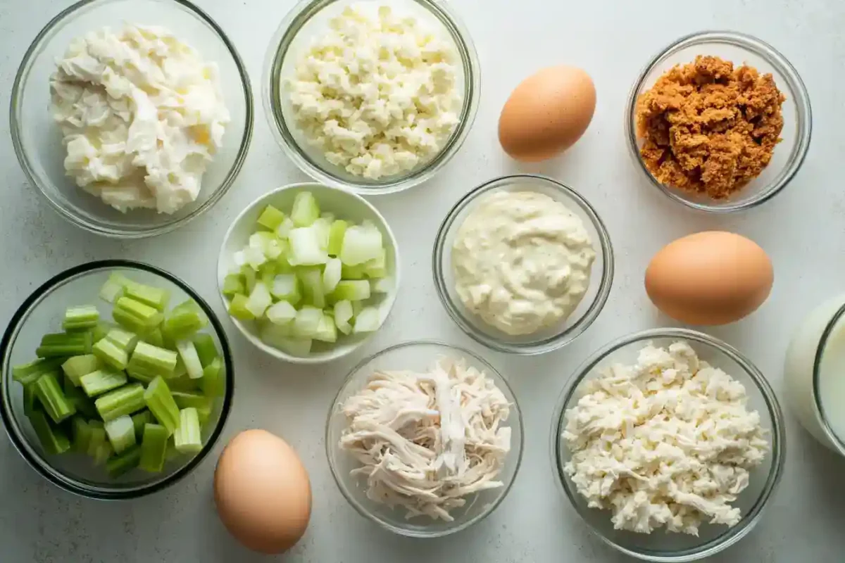Bowls of chicken, celery, onion, cream soups, and stuffing mix