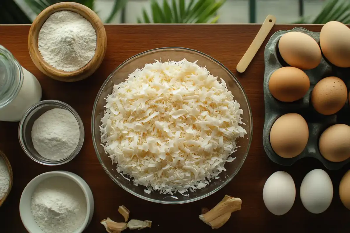 Fresh ingredients including coconut, cream cheese, and sugar for cupcakes