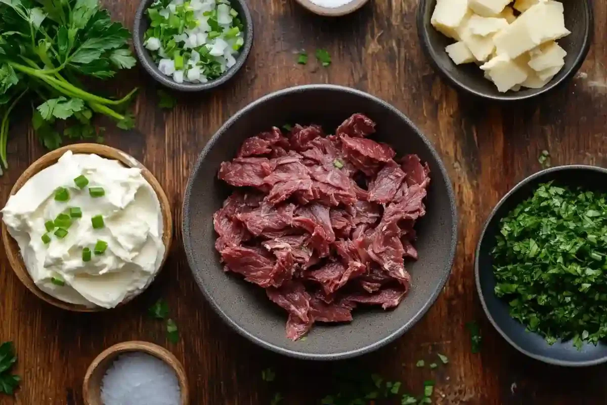 Cream cheese, dried beef, green onions, and parsley