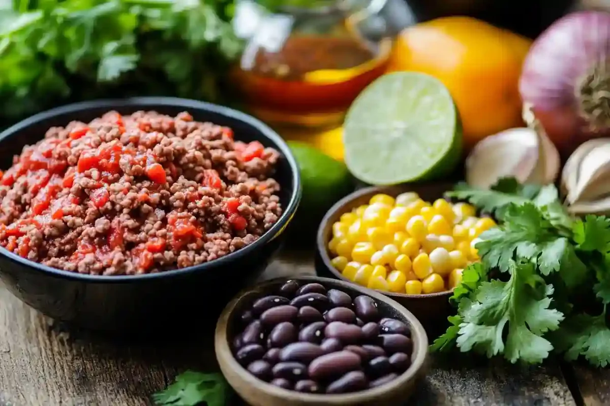 All fresh ingredients for ground beef slow cooker recipes laid out on a counter