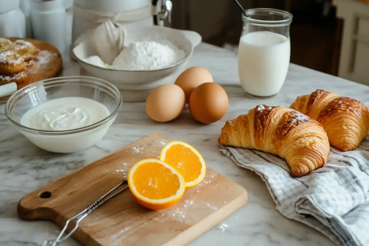 Croissants, eggs, orange, milk, and vanilla on a kitchen counter