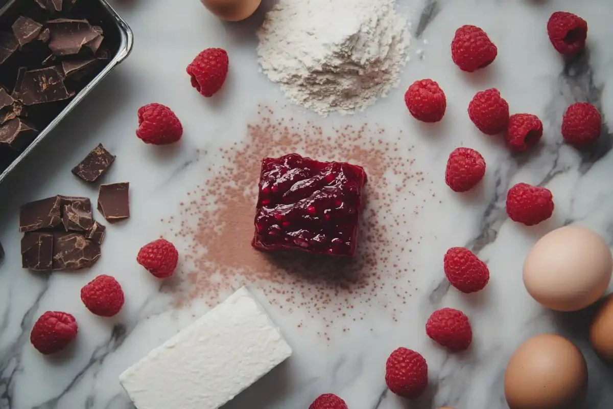 Display of all ingredients for raspberry cheesecake brownie recipe