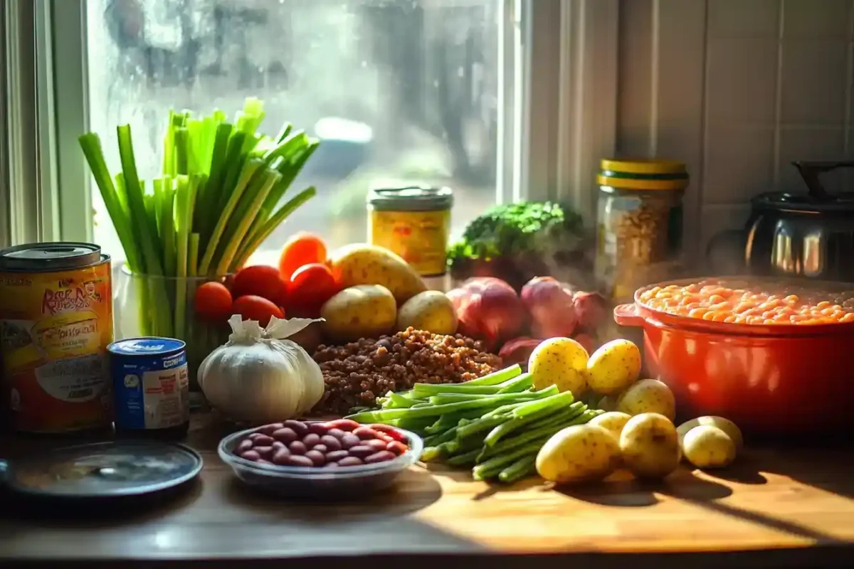 Fresh ingredients for slow cooker vegetable soup displayed on kitchen counter