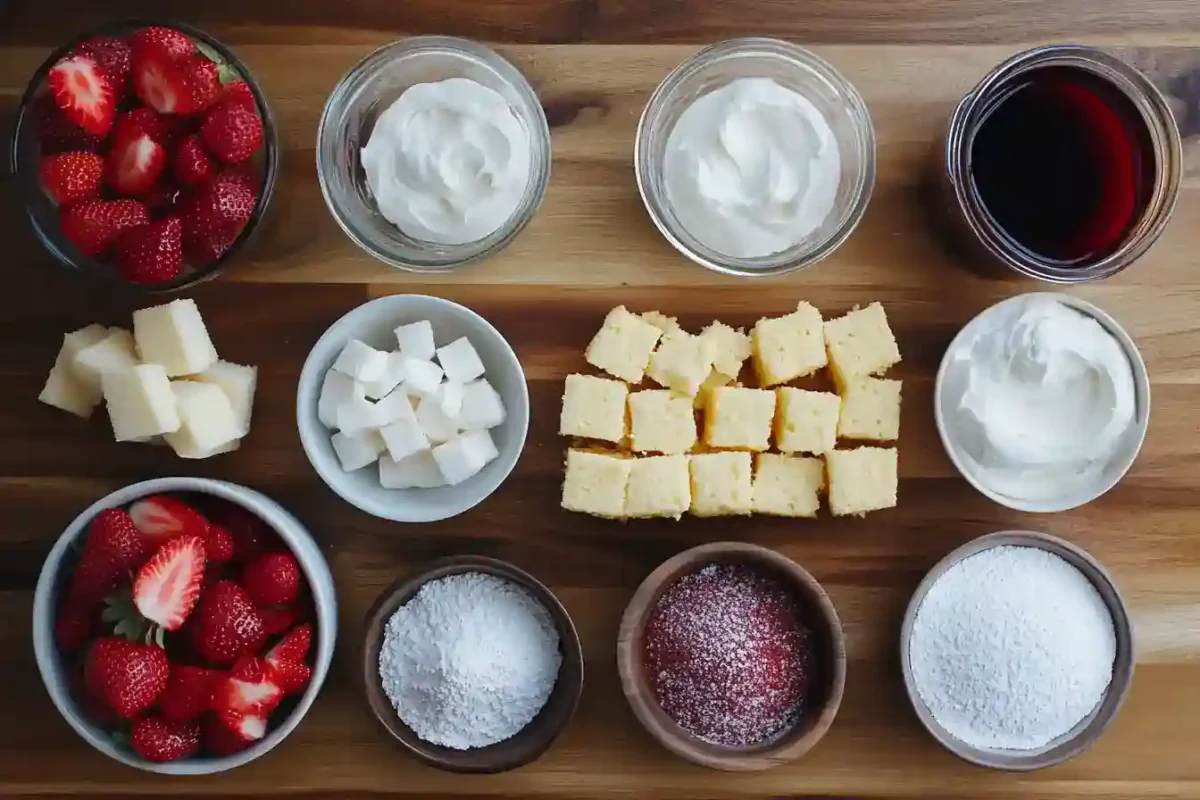 Fresh ingredients laid out for strawberry cheesecake trifle