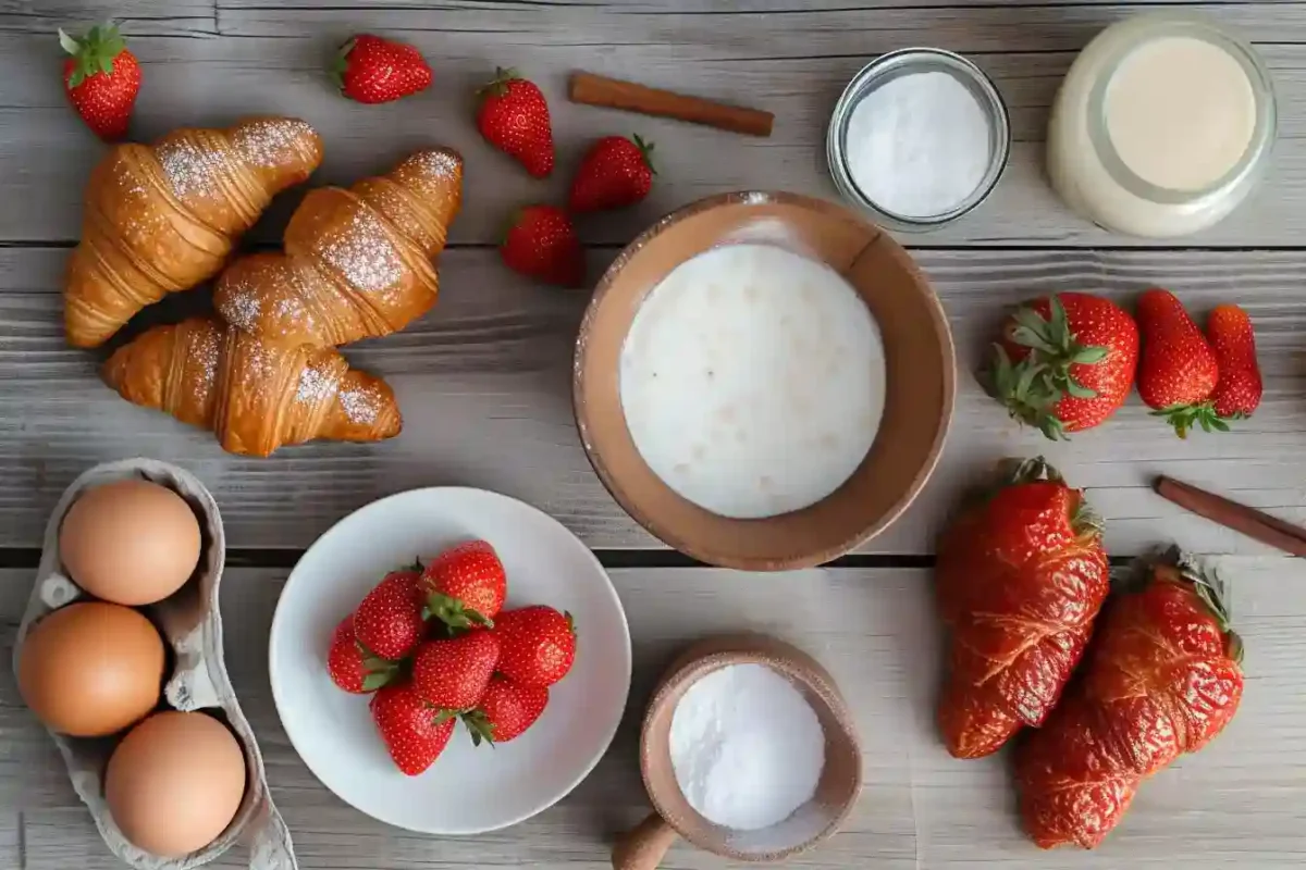 Croissants, strawberries, eggs, and cream ingredients for french toast