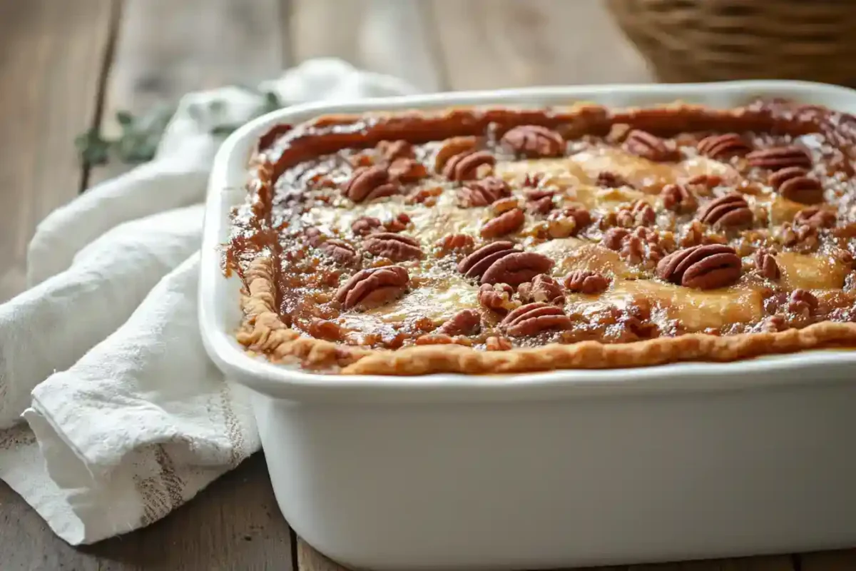 Golden baked Katie Cross pecan pie cobbler in dish